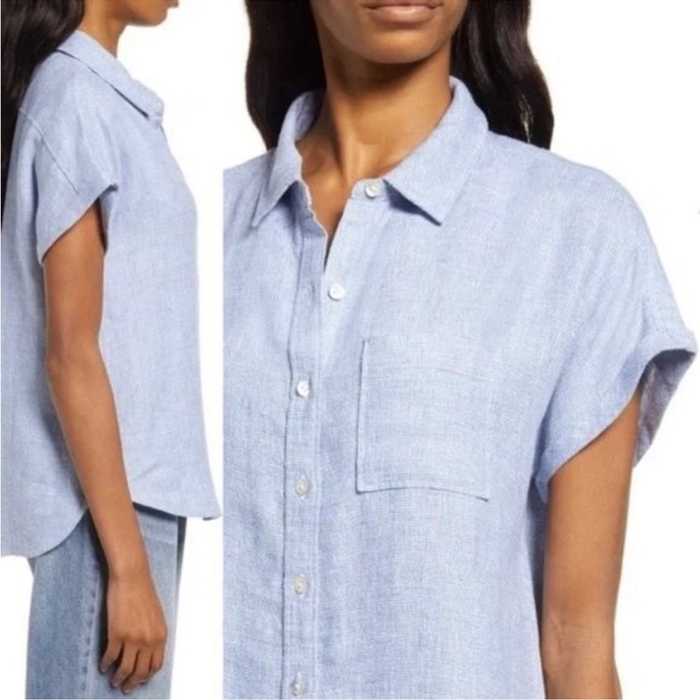 FAHERTY Avery Short Sleeve Organic Cotton Button-up Shirt Blue Basket Weave L